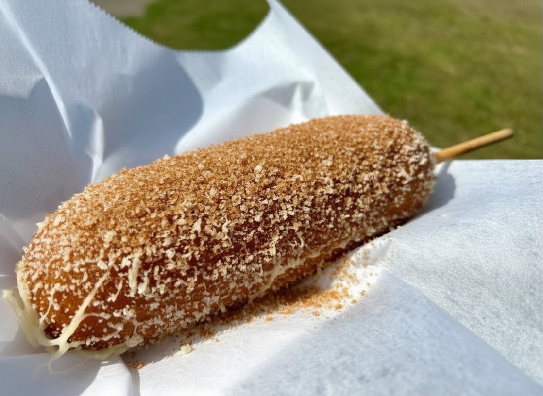 Golden Kdog CinnaMozza with a cinnamon-sugar coating
